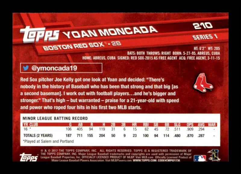 Load image into Gallery viewer, 2017 Topps Yoan Moncada #210 Rookie RC Boston Red Sox Image 2
