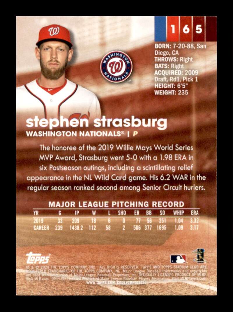 Load image into Gallery viewer, 2020 Topps Stadium Club Stephen Strasburg #165 Washington Nationals Image 2
