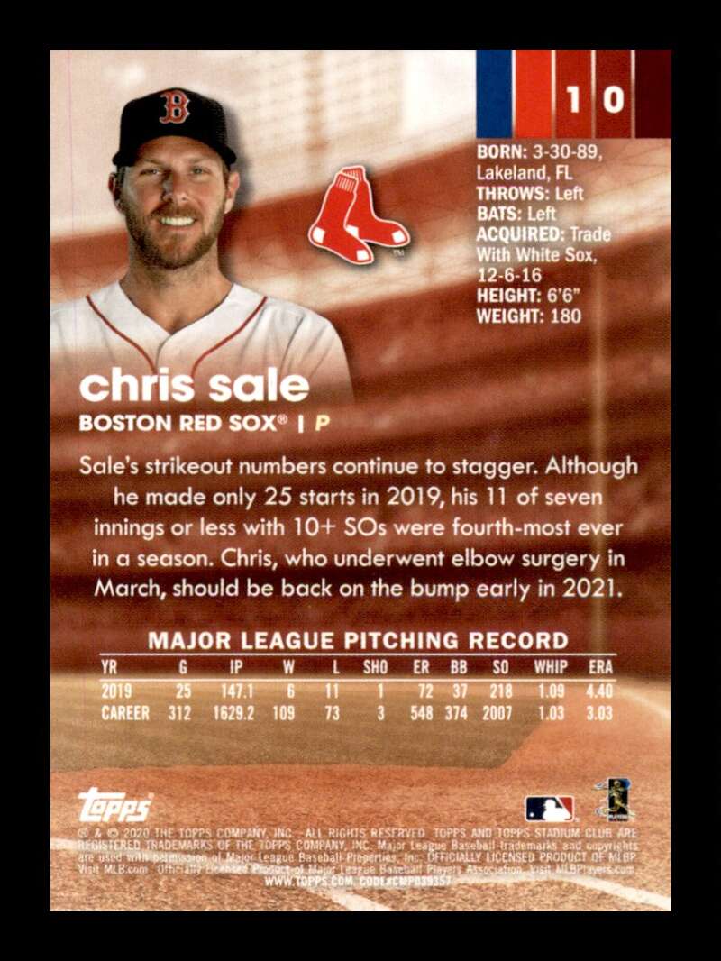 Load image into Gallery viewer, 2020 Topps Stadium Club Red Chris Sale #10 Boston Red Sox Image 2
