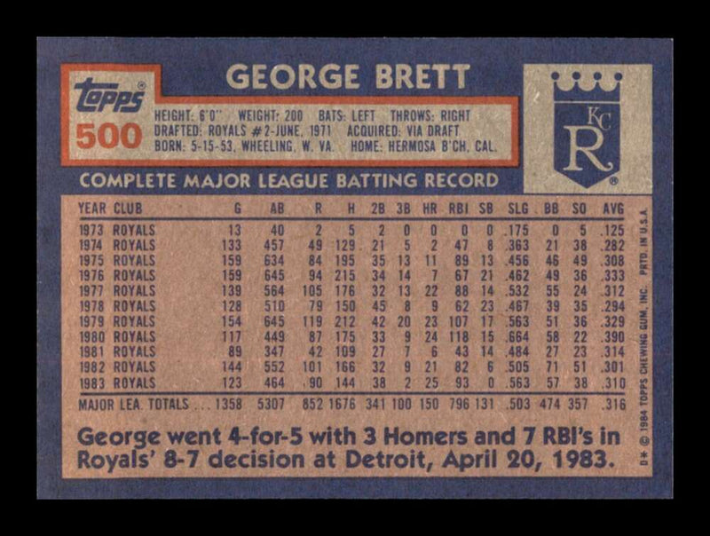 Load image into Gallery viewer, 1984 Topps George Brett #500 Kansas City Royals Image 2
