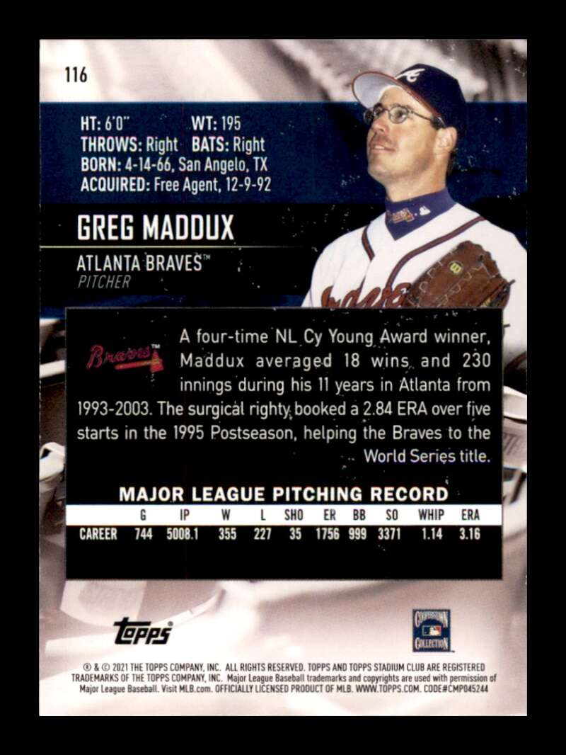 Load image into Gallery viewer, 2021 Topps Stadium Club Greg Maddux #116 Atlanta Braves Image 2
