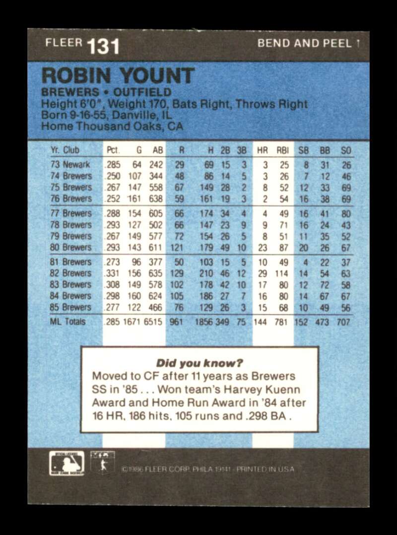 Load image into Gallery viewer, 1986 Fleer Star Stickers Robin Yount #131 Milwaukee Brewers Image 2
