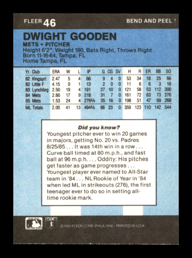 Load image into Gallery viewer, 1986 Fleer Star Stickers Dwight Gooden #46 New York Mets Image 2
