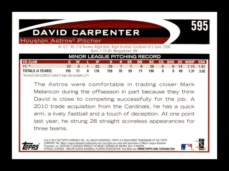 Load image into Gallery viewer, 2012 Topps David Carpenter #595 Rookie RC Houston Astros Image 2
