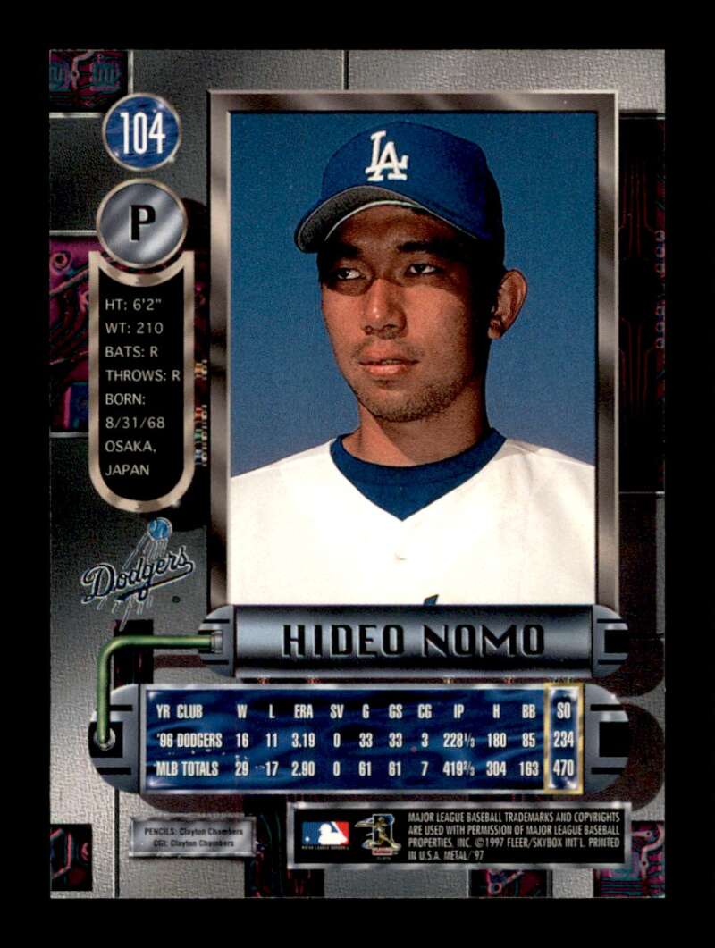 Load image into Gallery viewer, 1997 Skybox Metal Universe Hideo Nomo #104 Los Angeles Dodgers Image 2
