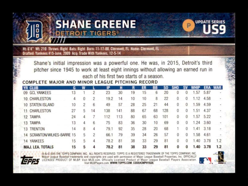 Load image into Gallery viewer, 2015 Topps Update Shane Greene #US9 Detroit Tigers Image 2
