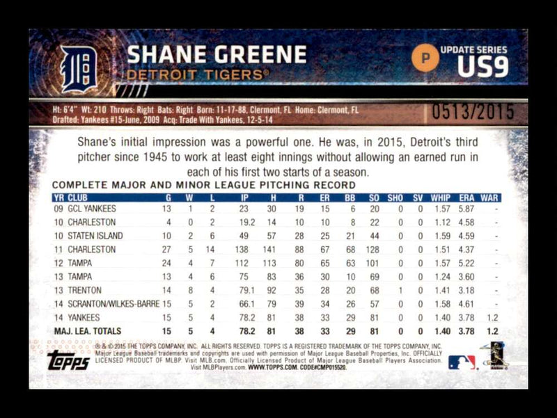 Load image into Gallery viewer, 2015 Topps Update Gold Shane Greene #US9 /2015 Detroit Tigers Image 2
