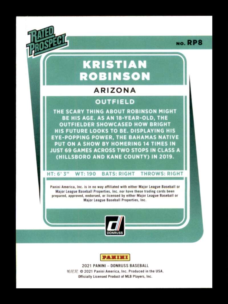 Load image into Gallery viewer, 2021 Donruss Rated Prospects Rapture Kristian Robinson #RP8 Arizona Diamondbacks Image 2
