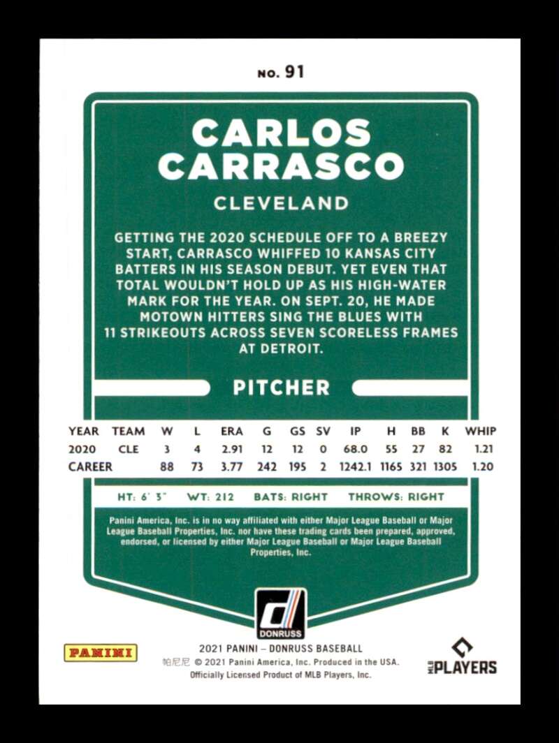 Load image into Gallery viewer, 2021 Donruss Holo Purple Carlos Carrasco #91 Cleveland Indians Image 2
