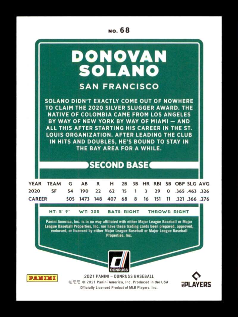 Load image into Gallery viewer, 2021 Donruss Holo Purple Donovan Solano #68 San Francisco Giants Image 2
