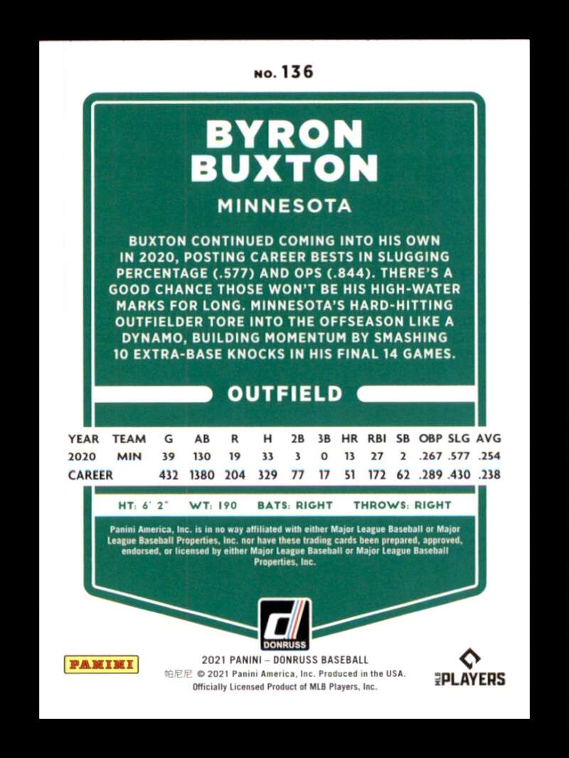 Load image into Gallery viewer, 2021 Donruss Holo Purple Byron Buxton #136 Minnesota Twins Image 2
