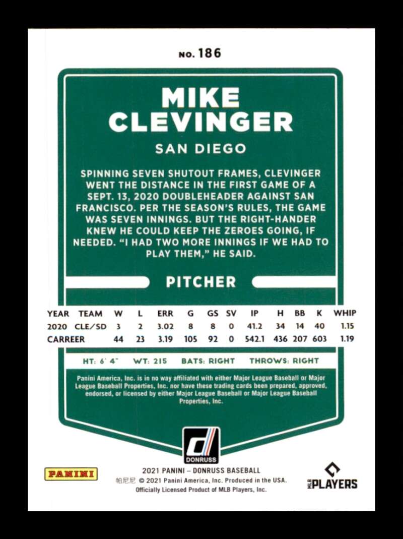 Load image into Gallery viewer, 2021 Donruss Holo Purple Mike Clevinger #186 San Diego Padres Image 2
