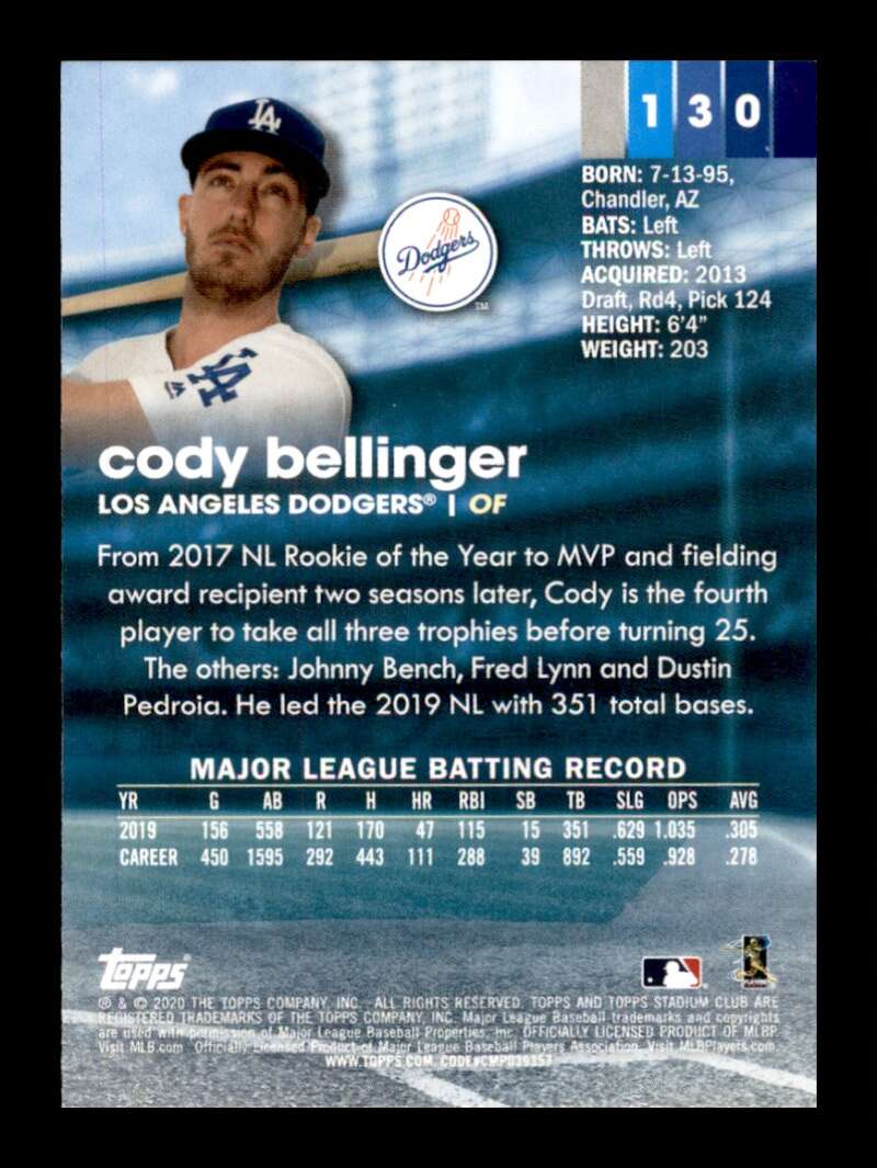 Load image into Gallery viewer, 2020 Topps Stadium Club Cody Bellinger #130 Los Angeles Dodgers Image 2
