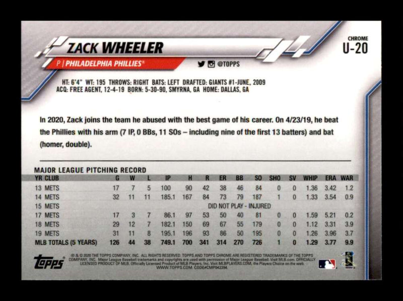 Load image into Gallery viewer, 2020 Topps Chrome Zack Wheeler #U-20 New York Mets Image 2
