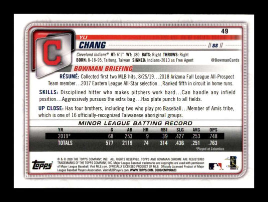 2020 Bowman Chrome Yu Chang 