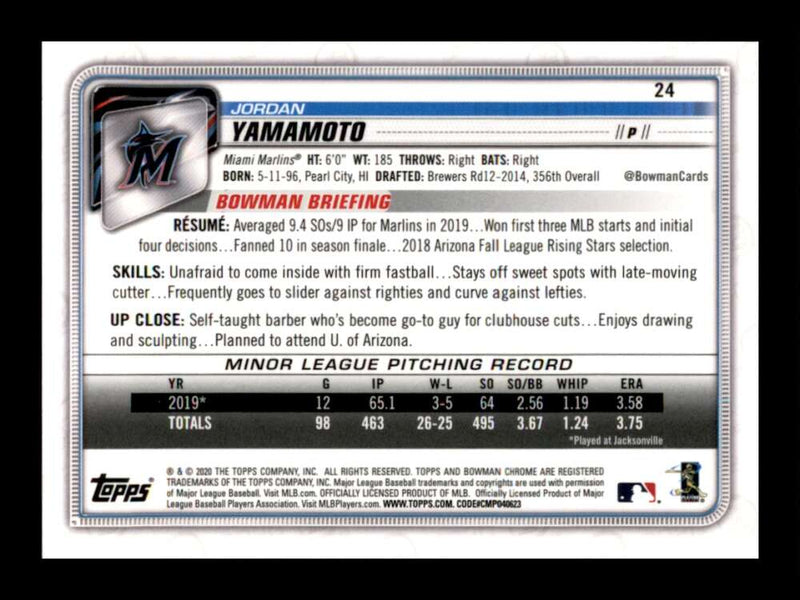 Load image into Gallery viewer, 2020 Bowman Chrome Jordan Yamamoto #24 Rookie RC Miami Marlins Image 2
