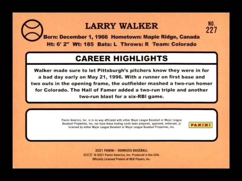 Load image into Gallery viewer, 2021 Donruss Purple Holo Larry Walker #227 Colorado Rockies Image 2
