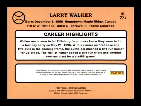 2021 Donruss Purple Holo Larry Walker 