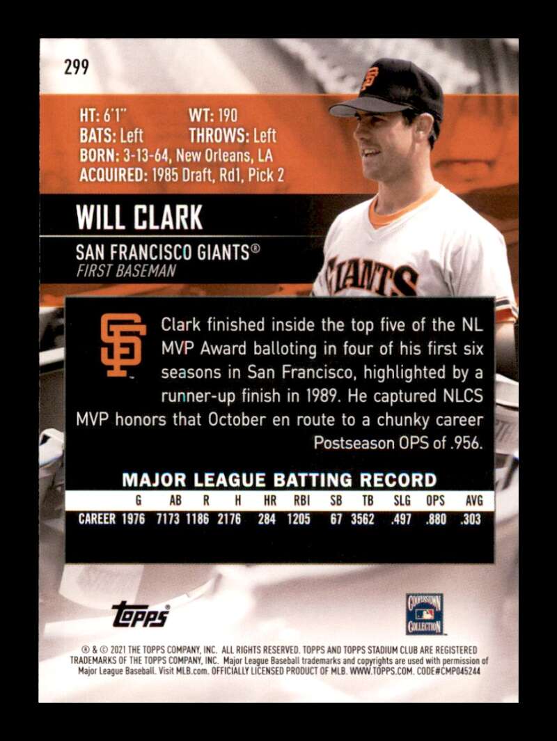 Load image into Gallery viewer, 2021 Topps Stadium Club Will Clark #299 San Francisco Giants Image 2
