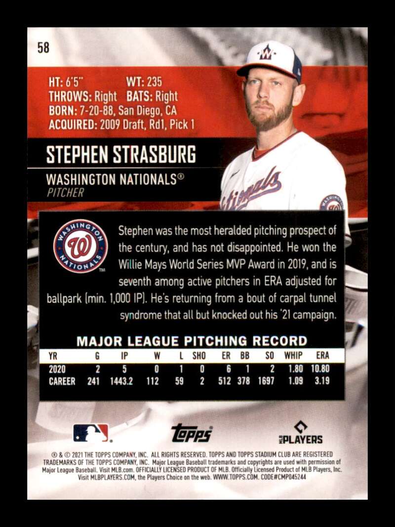 Load image into Gallery viewer, 2021 Topps Stadium Club Stephen Strasburg #58 Washington Nationals Image 2
