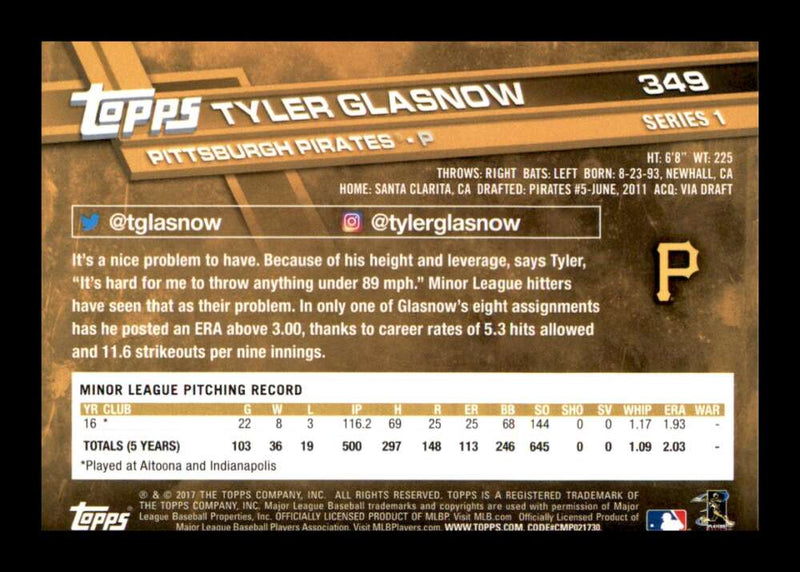 Load image into Gallery viewer, 2017 Topps Tyler Glasnow #349 Rookie RC Pittsburgh Pirates Image 2
