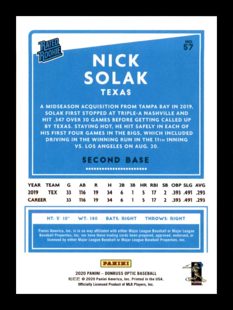 Load image into Gallery viewer, 2020 Donruss Nick Solak #57 Rookie RC Texas Rangers Image 2
