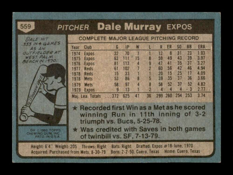 Load image into Gallery viewer, 1980 Topps Dale Murray #559 Montreal Expos Image 2
