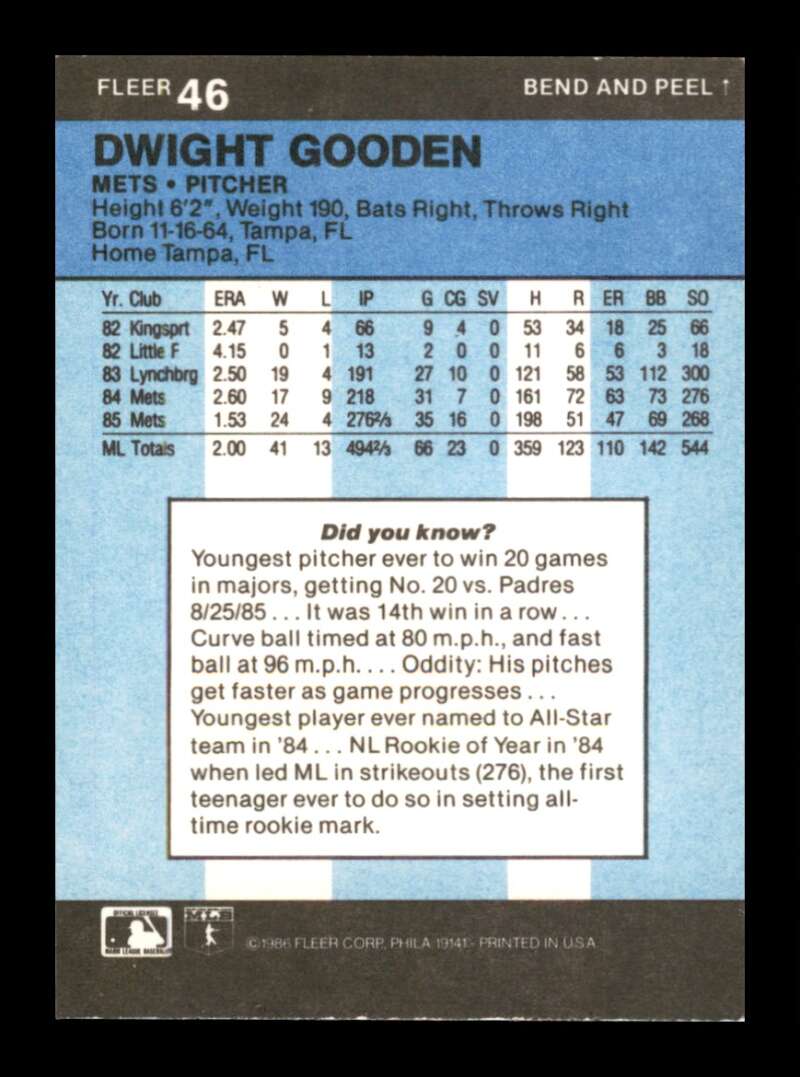 Load image into Gallery viewer, 1986 Fleer Star Stickers Dwight Gooden #46 New York Mets Image 2
