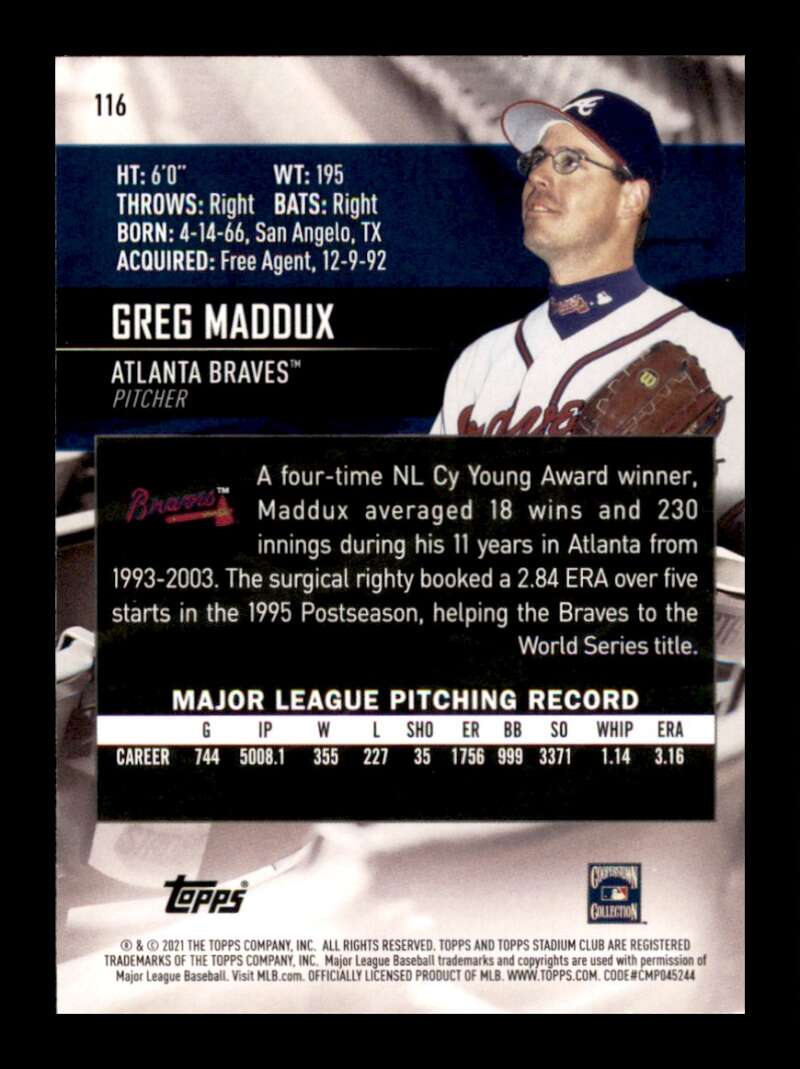 Load image into Gallery viewer, 2021 Topps Stadium Club Red Foil Greg Maddux #116 Atlanta Braves Image 2
