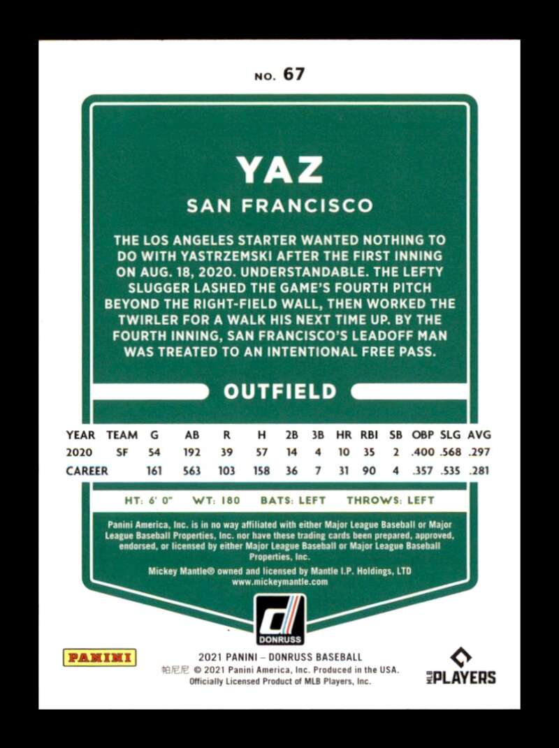 Load image into Gallery viewer, 2021 Donruss Holo Purple Nickname Yaz Mike Yastrzemski #67 San Francisco Giants Image 2
