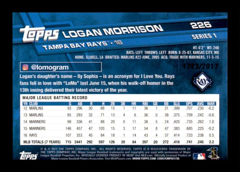 Load image into Gallery viewer, 2017 Topps Gold Logan Morrison #226 /2017 Tampa Bay Rays Image 2
