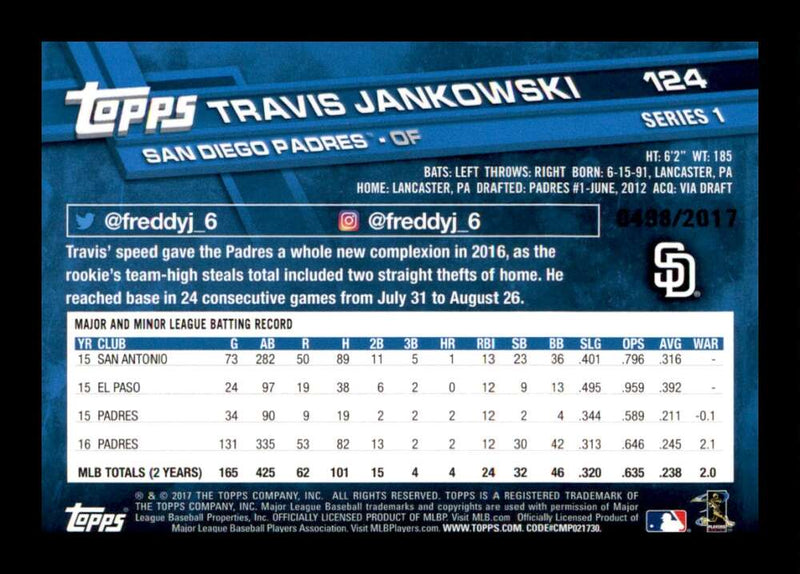 Load image into Gallery viewer, 2017 Topps Gold Travis Jankowski #124 /2017 San Diego Padres Image 2
