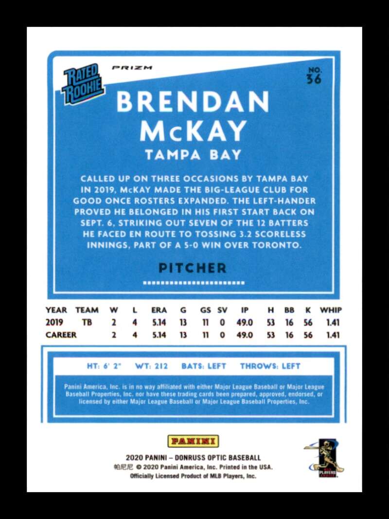 Load image into Gallery viewer, 2020 Donruss Optic Lime Green Prizm Brendan McKay #36 Rookie RC Tampa Bay Rays Image 2
