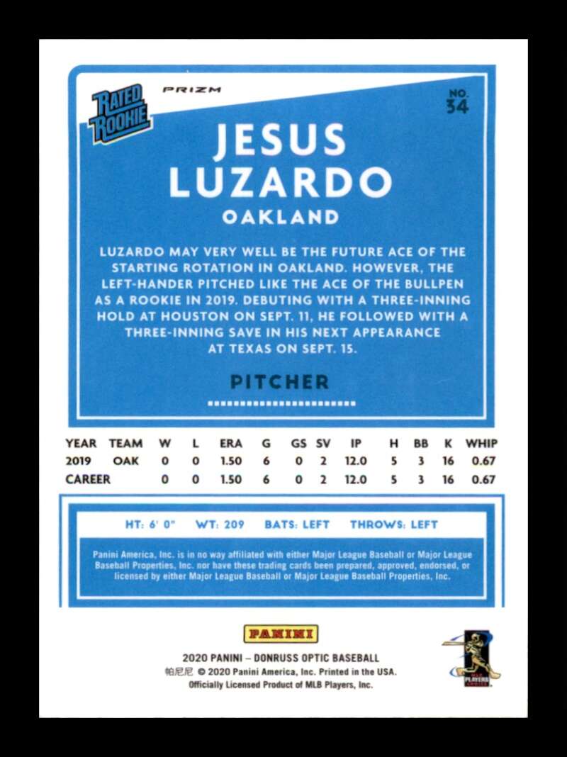 Load image into Gallery viewer, 2020 Donruss Optic Carolina Blue &amp; White Prizm Jesus Luzardo #34 Rookie RC Image 2
