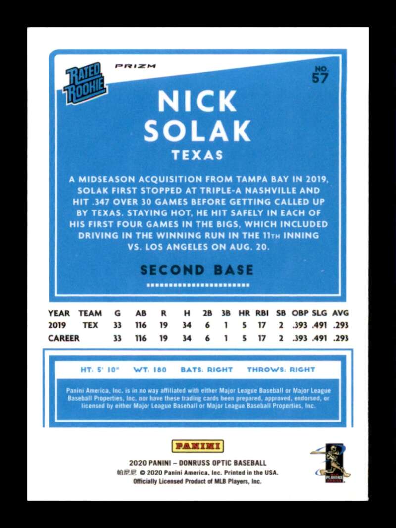 Load image into Gallery viewer, 2020 Donruss Optic Lime Green Prizm Nick Solak #57 Rookie RC Texas Rangers Image 2
