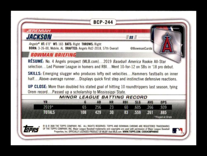 Load image into Gallery viewer, 2020 Bowman Chrome Prospects Mojo Refractor Jeremiah Jackson #BCP-244 Angels Image 2
