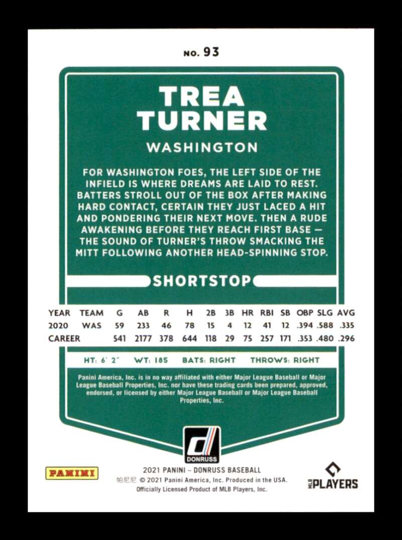 Load image into Gallery viewer, 2021 Donruss Holo Purple Trea Turner #93 Washington Nationals Image 2
