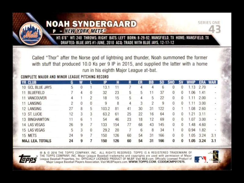 Load image into Gallery viewer, 2016 Topps Future Stars Noah Syndergaard #43 New York Mets Image 2
