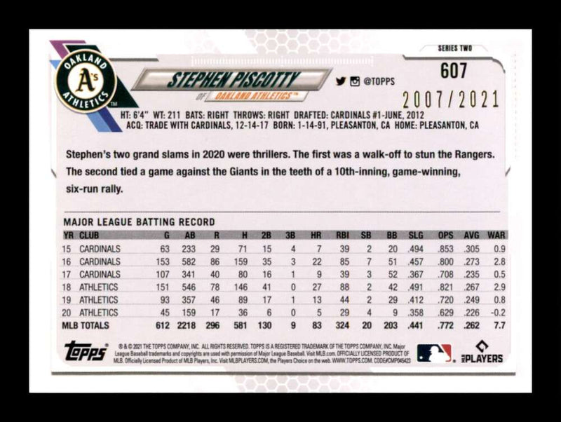 Load image into Gallery viewer, 2021 Topps Series 2 Gold Stephen Piscotty #607 /2021 Oakland Athletics Image 2
