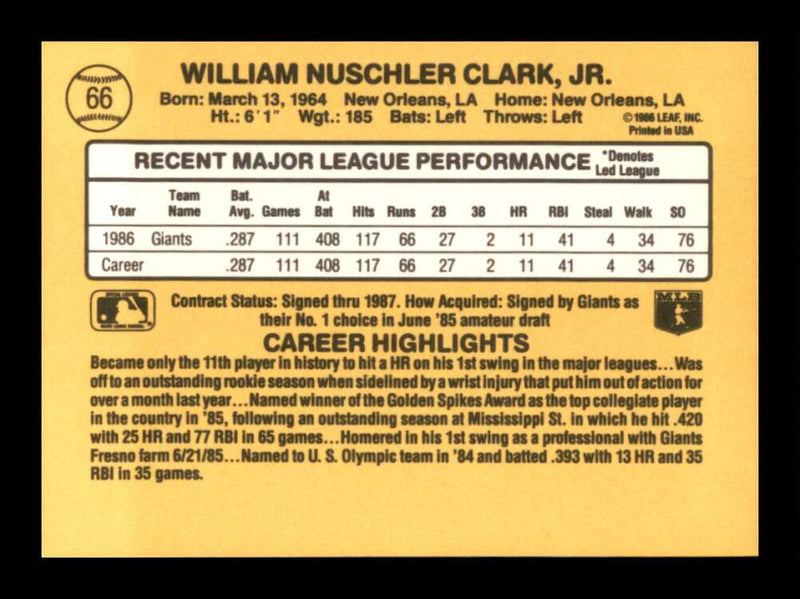 Load image into Gallery viewer, 1987 Donruss Will Clark #66 Rookie RC San Francisco Giants Image 2
