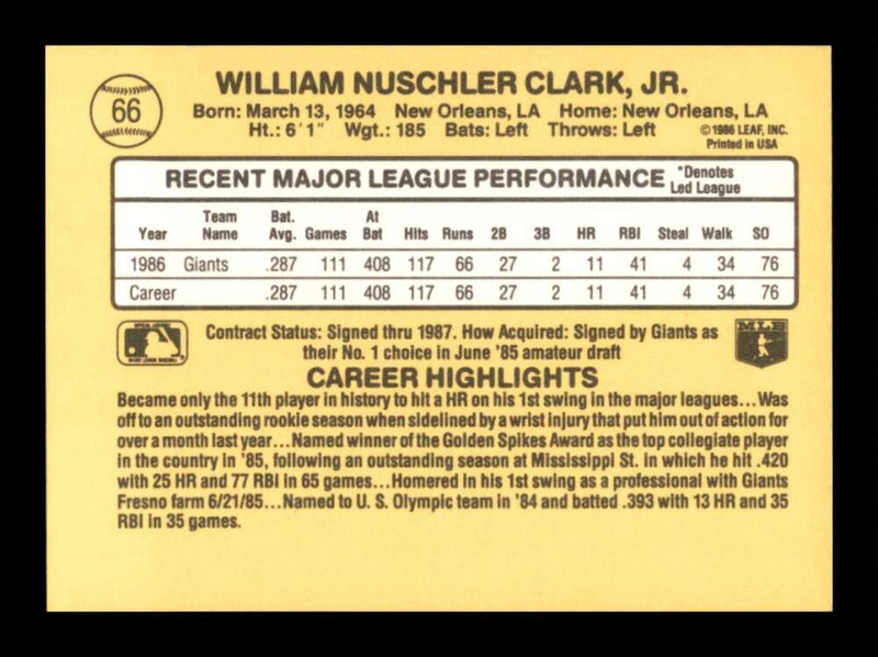 Load image into Gallery viewer, 1987 Donruss Will Clark #66 Rookie RC San Francisco Giants Image 2
