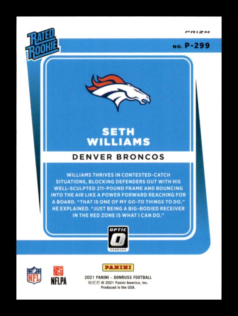 Load image into Gallery viewer, 2021 Donruss Optic Red Green Prizm Seth Williams #P-299 Rookie RC Denver Broncos Image 2
