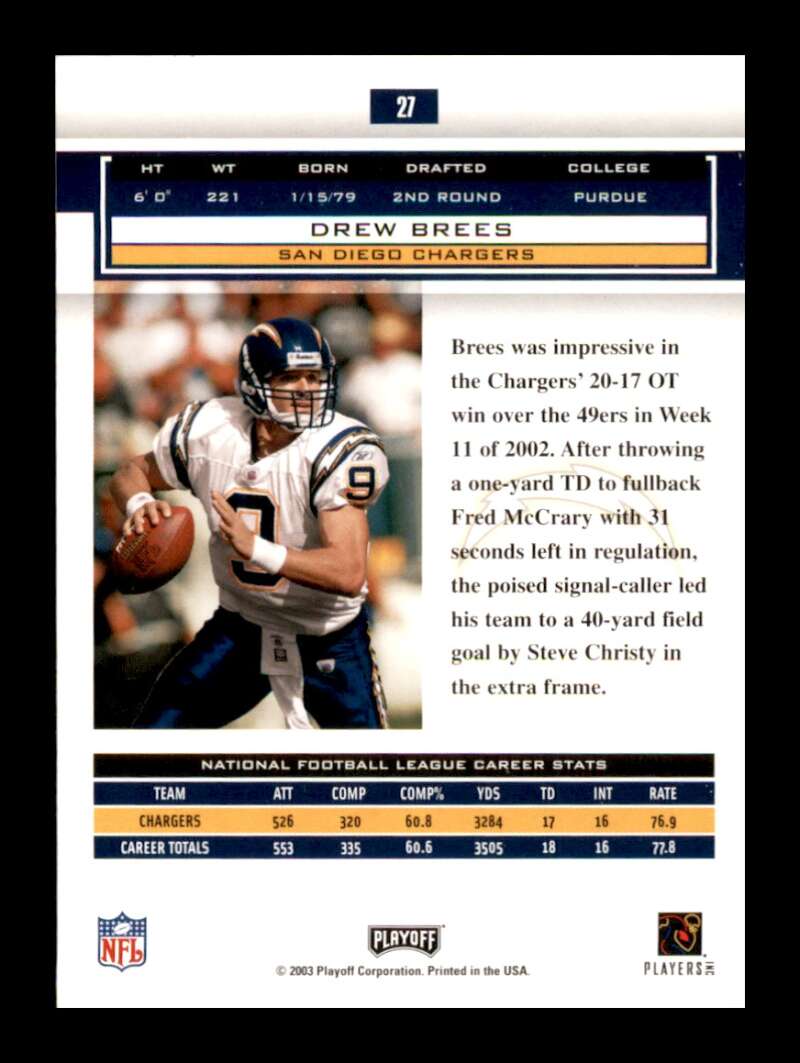 Load image into Gallery viewer, 2003 Playoff Honors Drew Brees #27 San Diego Chargers Image 2
