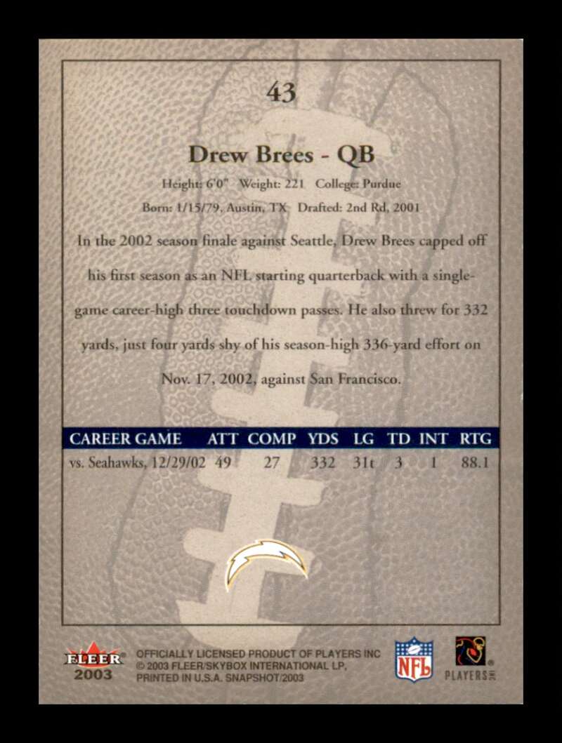 Load image into Gallery viewer, 2003 Fleer Snapshot Drew Brees #43 San Diego Chargers Image 2
