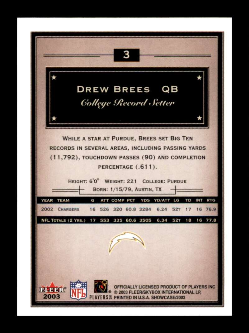 Load image into Gallery viewer, 2003 Fleer Showcase Drew Brees #3 San Diego Chargers Image 2
