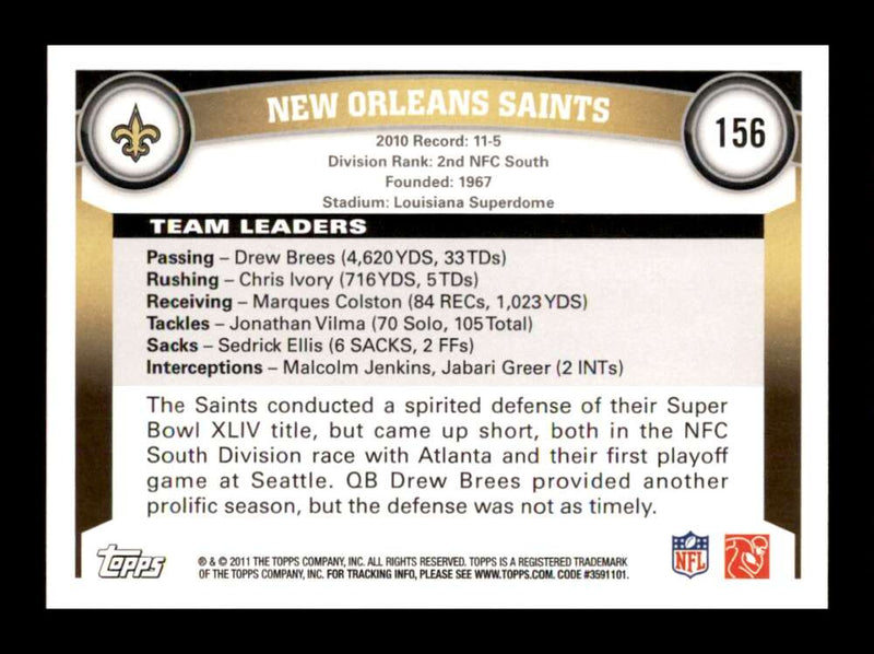 Load image into Gallery viewer, 2011 Topps Drew Brees #156 New Orleans Saints Image 2
