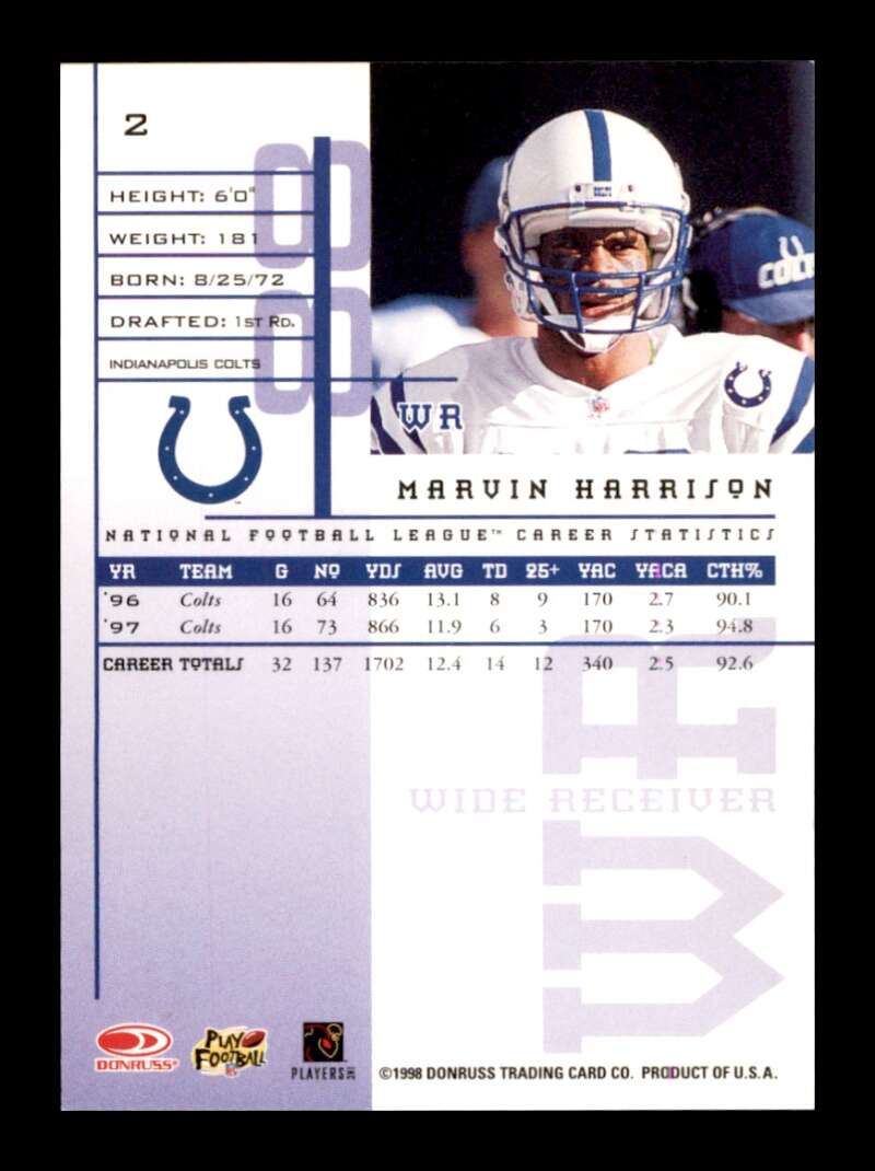 Load image into Gallery viewer, 1998 Leaf Rookies &amp; Stars Marvin Harrison #2 Indianapolis Colts Image 2
