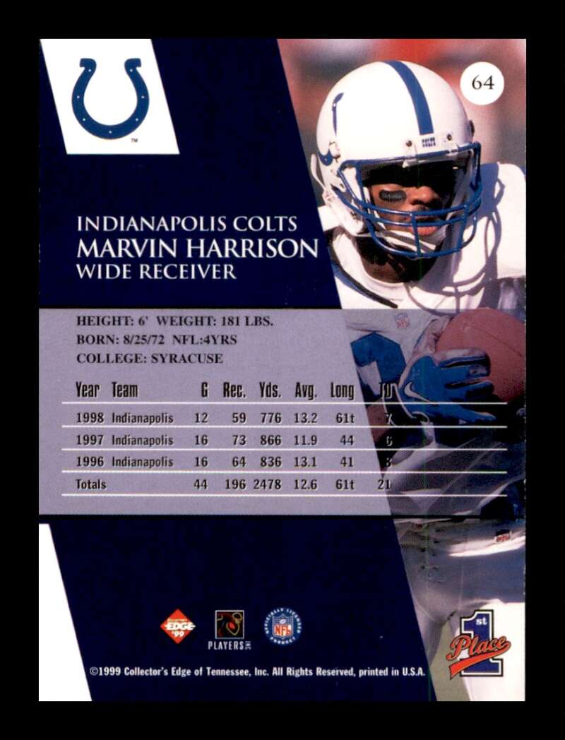 Load image into Gallery viewer, 1999 Collector&#39;s Edge First Place Marvin Harrison #64 Indianapolis Colts Image 2
