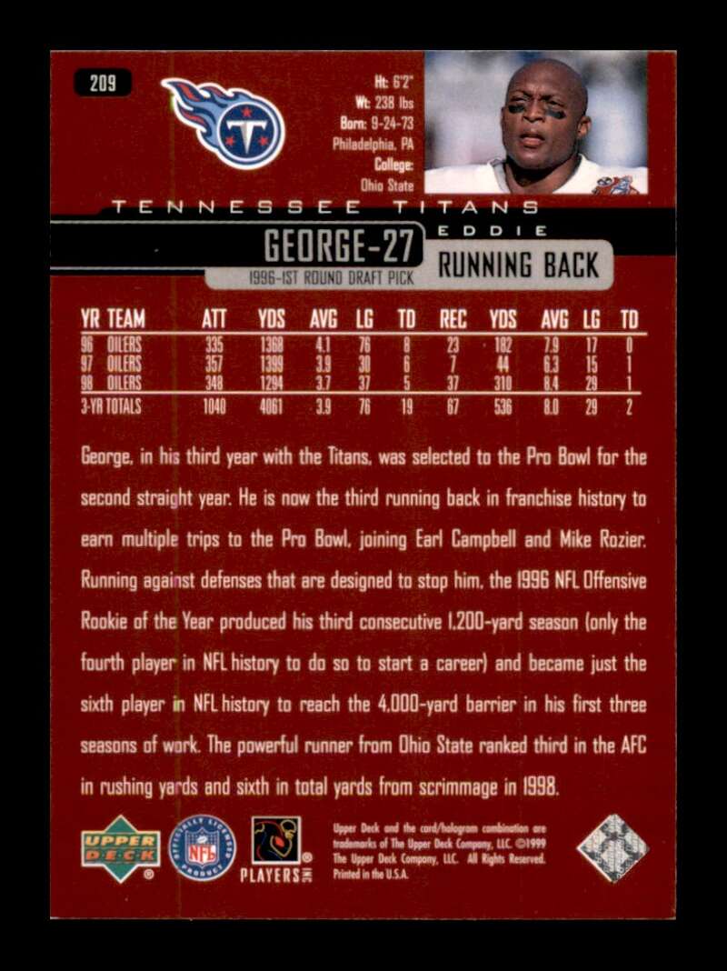 Load image into Gallery viewer, 1999 Upper Deck Eddie George #209 Tennessee Titans Image 2
