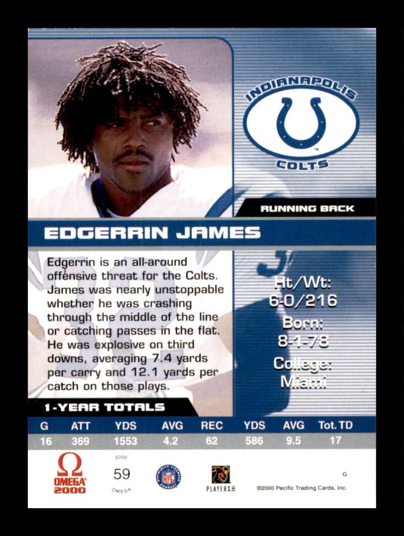 Load image into Gallery viewer, 2000 Pacific Omega Edgerrin James #59 Indianapolis Colts Image 2
